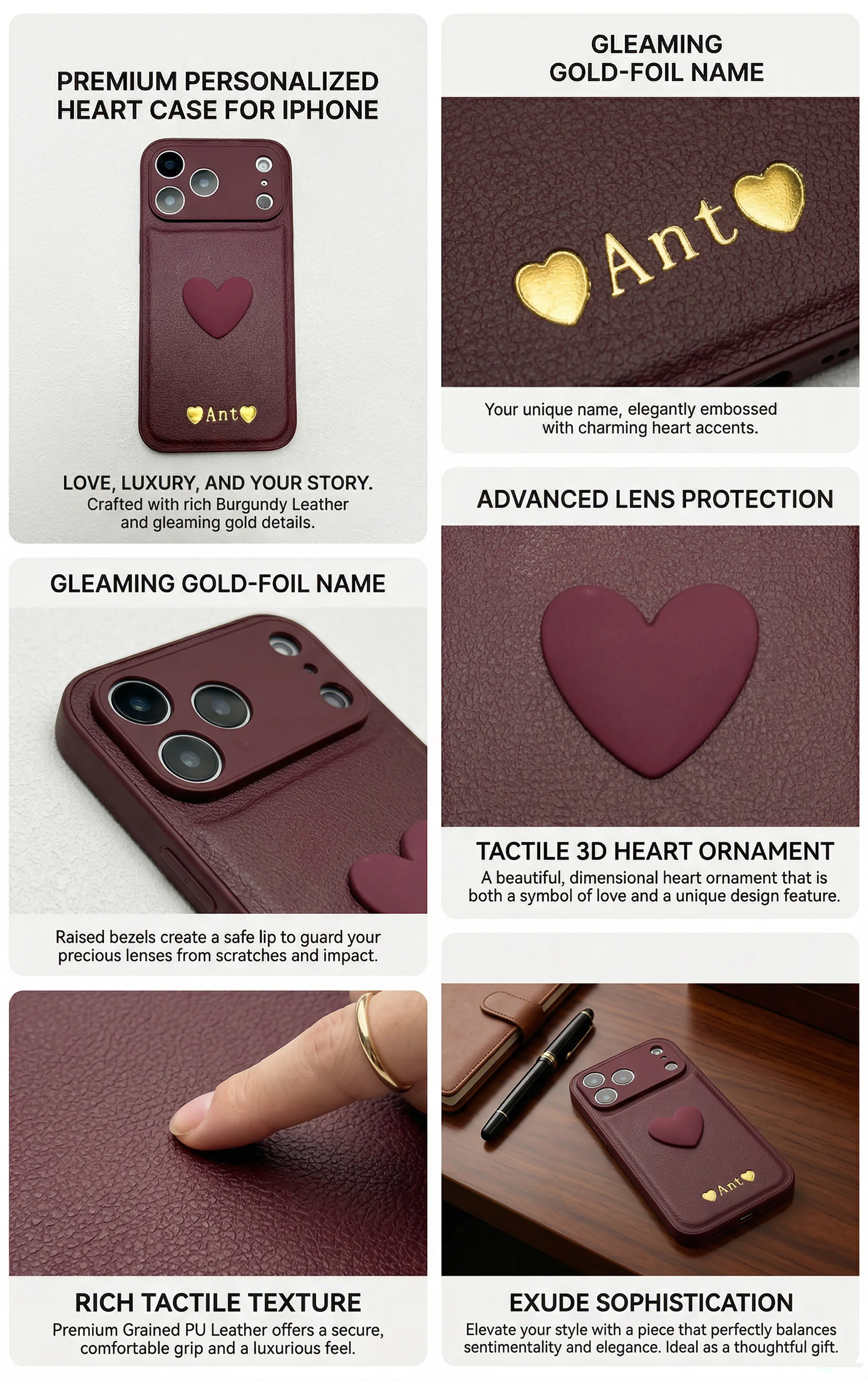 Personalisierte Hülle für iPhone 17 16 15 14 13 Pro Max Plus Air Benutzerdefinierter Name Heißfolienprägung Gravierte Buchstaben Schutzhülle 3D Herz – Detail 2
