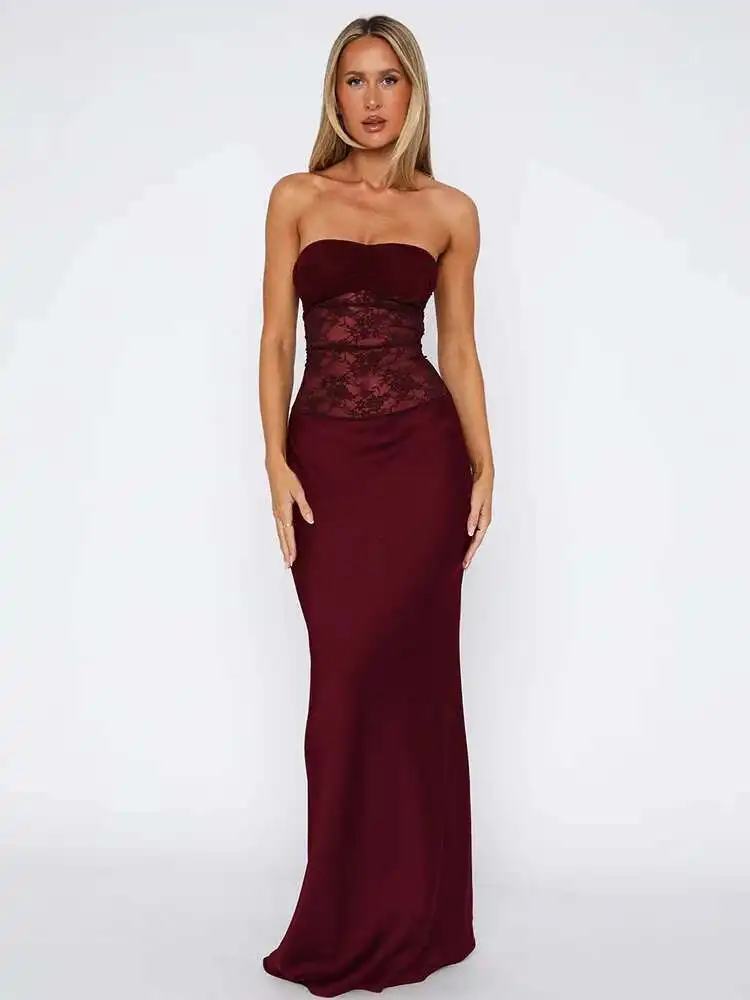 JULISSA MO Patchwork เซ็กซี่ Sheer Lace ผู้หญิงชุดนางเงือกสีดํา Backless Maxi ชุดฤดูร้อน Slim Elegant Party Clubwear