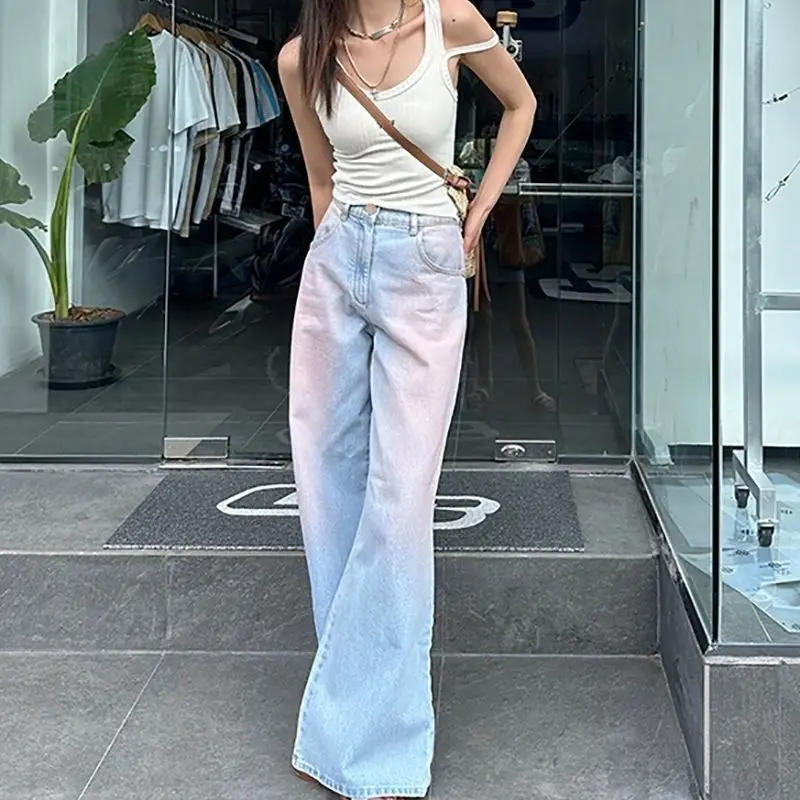 청바지 여자 그라디언트 봄 여름 느슨한 스타일 높은 허리 패션 캐주얼 새로운 패션 여성 청바지