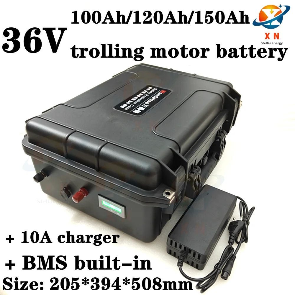 Waterproof IP67 36V lifepo4 100Ah 120Ah 150Ah with bms for trolling motor fishing boats EV RV + 10A charger