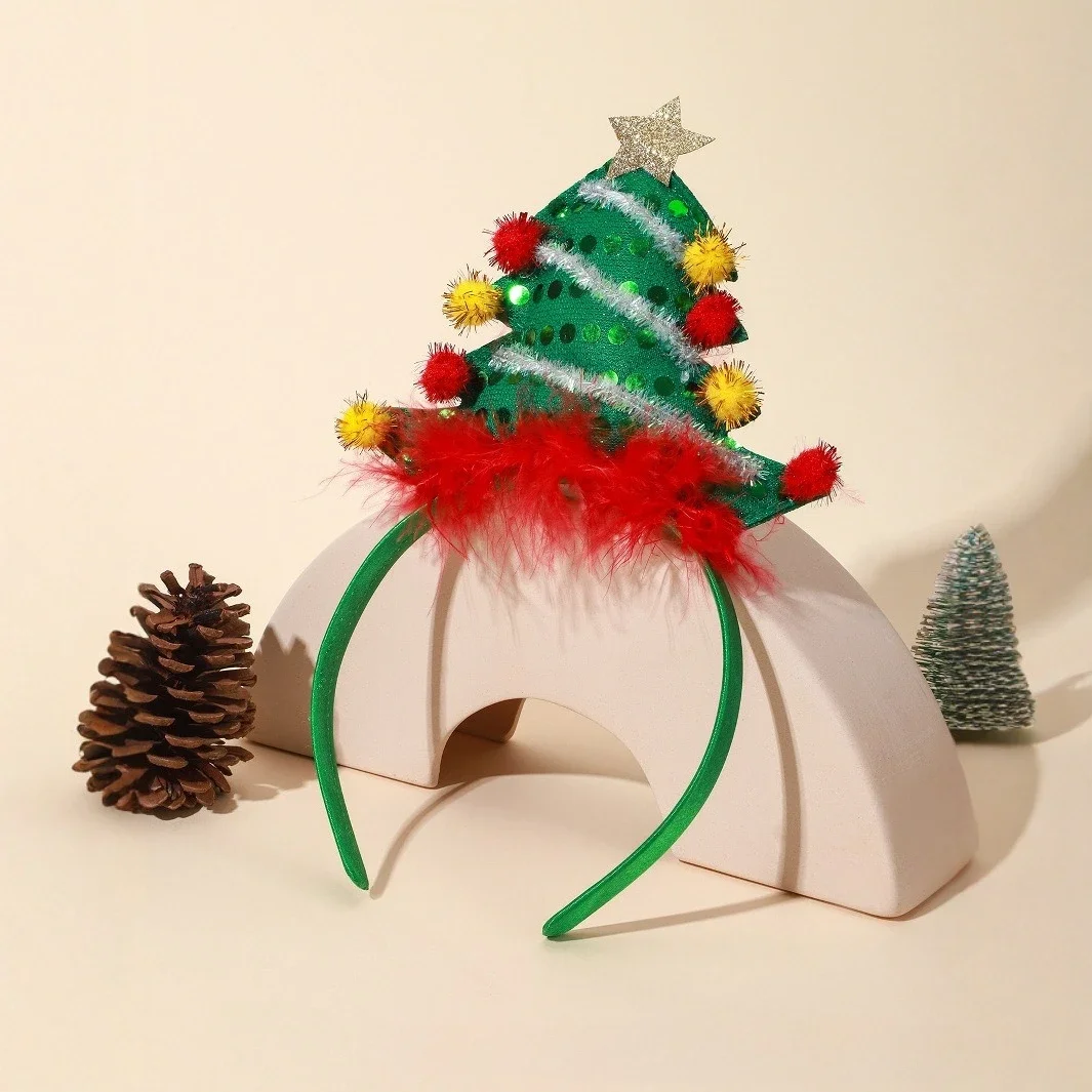 

10 шт., повязки для волос с зеленой рождественской елкой для женщин и девочек, повязки на голову с шариками и перьями и блестками, праздничный подарок для вечеринки, аксессуары для украшения волос