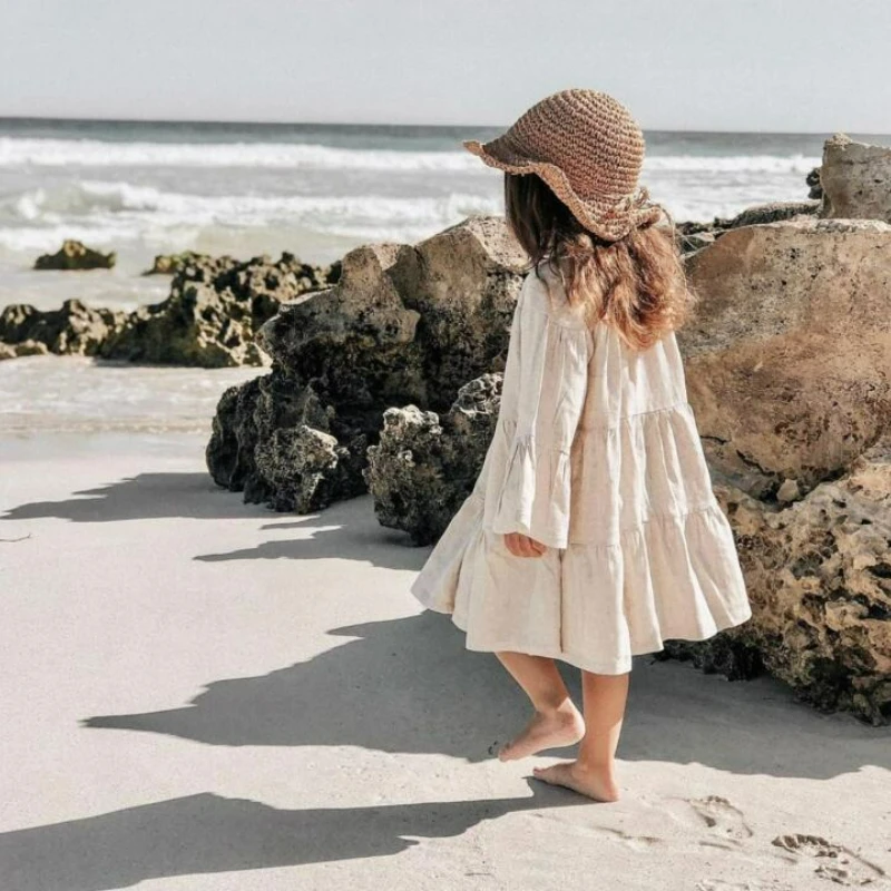 2026 Spring Summer European American Style Girls Natural Linen Flare Sleeve Stitched Splicing Princess Long Sleeve Dress