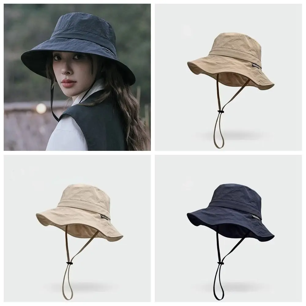 Chapéu de pescador com cordão, proteção uv, cor sólida, japonês, secagem rápida, à prova d'água, aba larga, chapéu de sol, pesca