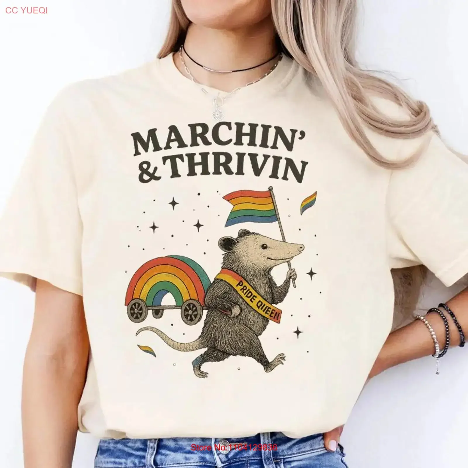 Marchin Thrivin' Pride T Shirt LGBTQ Possum Funny Queen Queer Parade Outfit Gay or Sweater  vintage Washed Unisex Slightly
