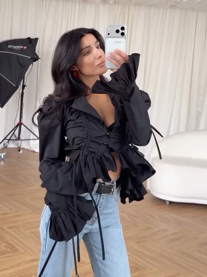 Lady Solid Ruffle Pleated Shirts Single Breasted Lantern Sleeves Irregular Hem Drawstring Cropped Blouses Versatile Tops