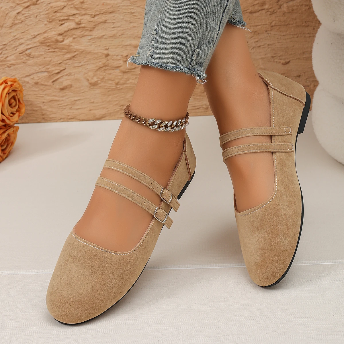 Damen Mary Jane Ballerinas mit doppeltem Riemen, runder Zehenpartie und weicher Sohle, Freizeitschuhe – Detail 8
