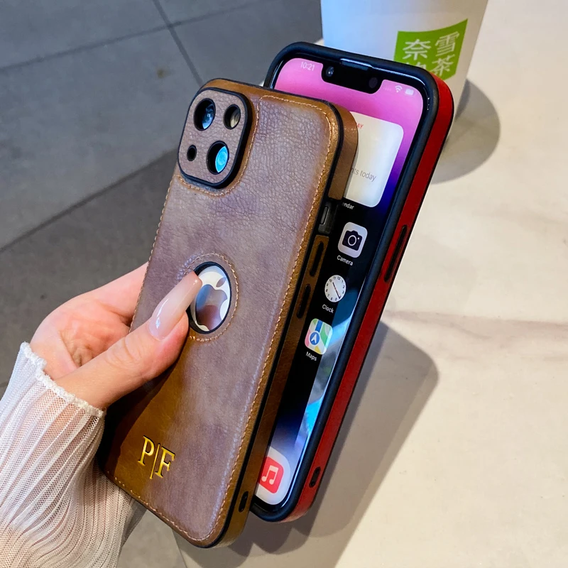 Luxury Leather Logo Hole DIY Engraved Case For iPhone 15 14 13 12 11 Pro Max Personalized Customized Name Initials Cover 15 Pro