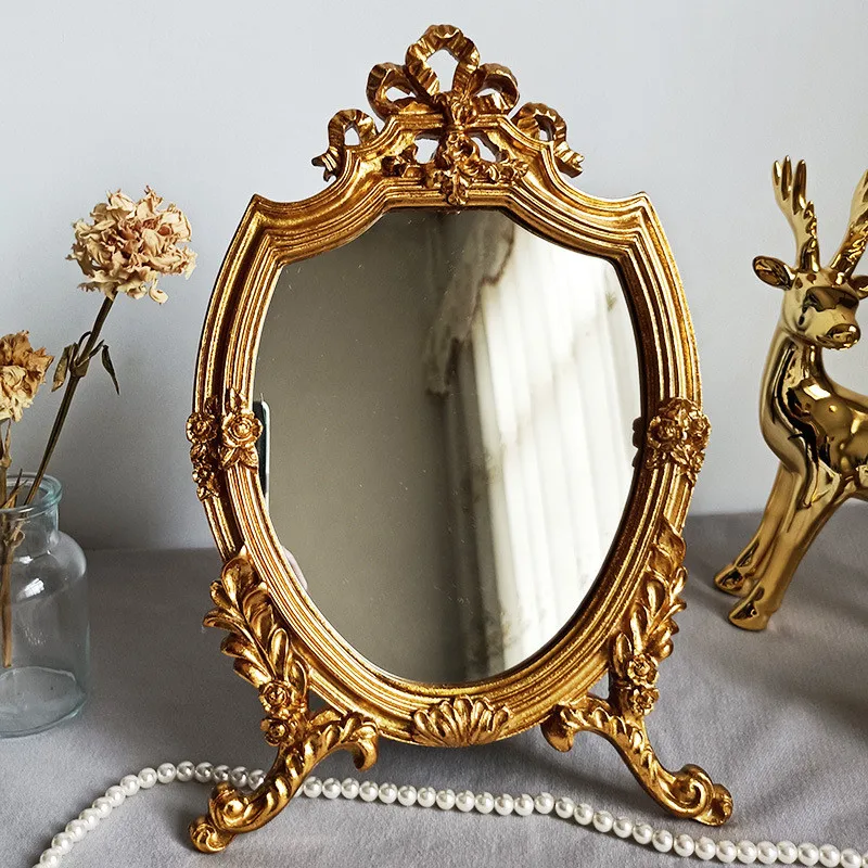 Vintage Gold Mirror for Desk Decorative European Resin Carved Round Antique Dresser Mirror Stand Cosmetic Mirrors Wall Decor