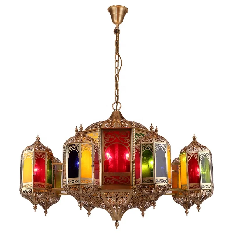 

LED Branch Copper Chandelier Southeast Asia Arabian Retro Style Stained Glass Chandelier Interior Lighting Decorative Lamps
