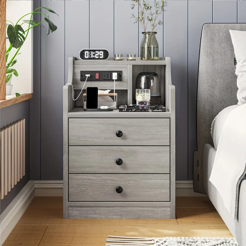 Bedside table with charging station, 2 USB ports and 2 sockets, gray with partition, 3 drawers