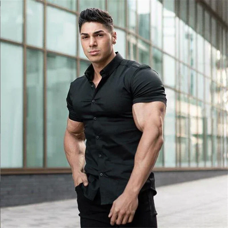 

Men Fashion Casual Short Sleeve Solid Shirt Super Slim Fit Male Social Business Dress Shirt Brand Men Fitness Sports Clothing