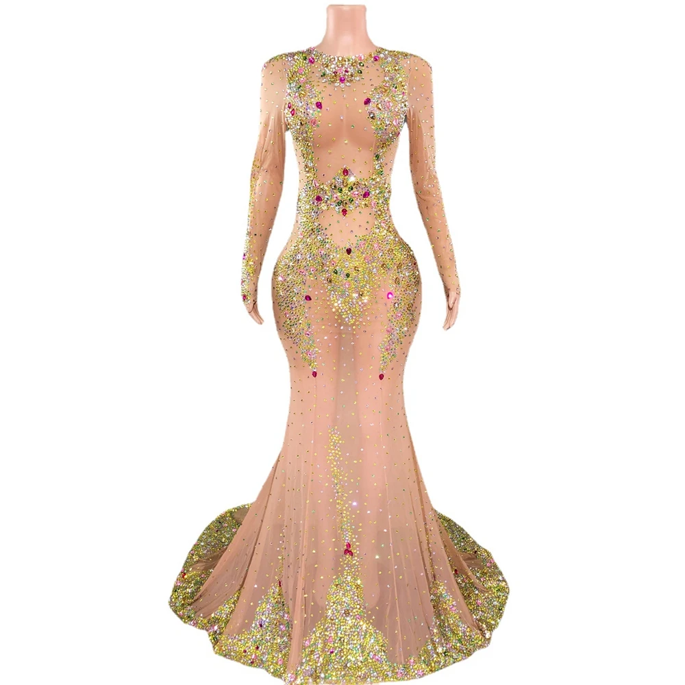 Elegant Rhinestones Birthday Celebrate Wedding Prom Dress for Women Sexy See Through Floor-length Photo Shoot Show Stage Wear