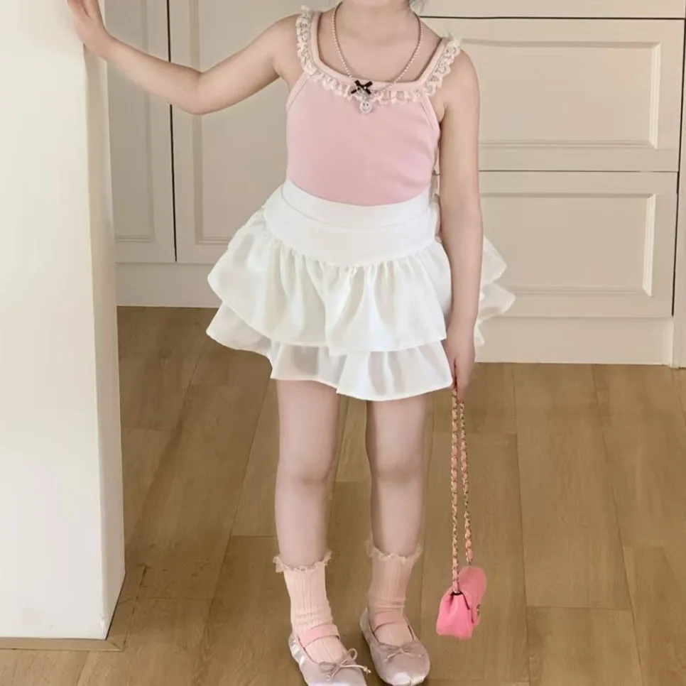 

Summer Girls' Suit Baby Foreign Style Children's Personality Sweet Lace Lace Vest Suspender Cake Short Skirt Pants Fashion