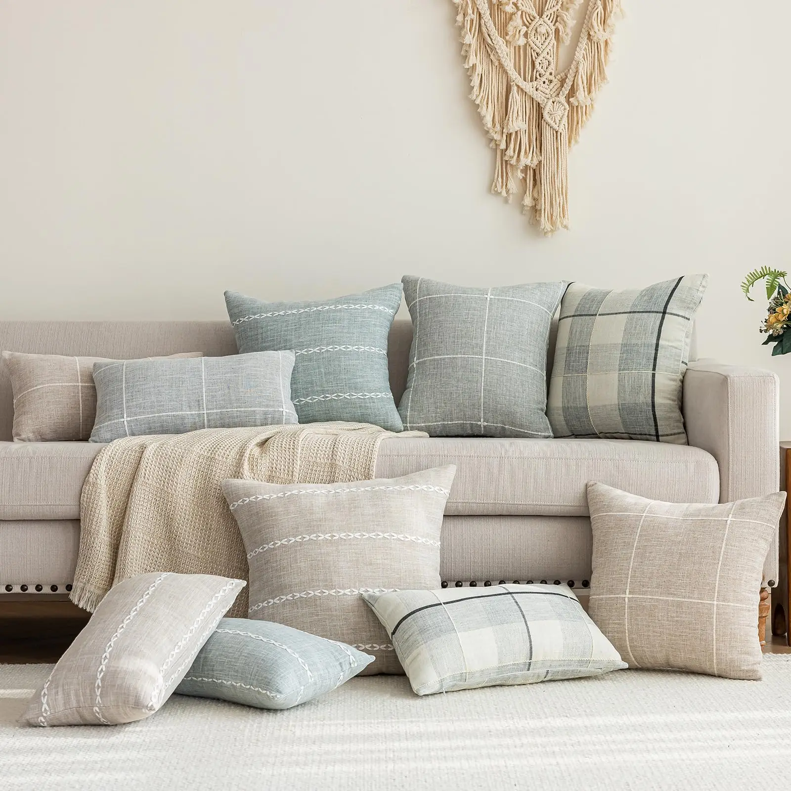 Set of 2 Rustic Lattice Cotton Linen Decorative Throw Pillow Cover Embroidery Square Cushion Cover Pillowcase for Bedroom Couch