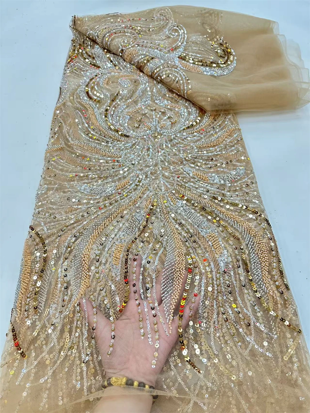 Tessuto di pizzo francese con paillettes a fiori botanici, tessuto a rete in tulle artigianale pesante per abiti da trascinamento, 5 metri, multicolore