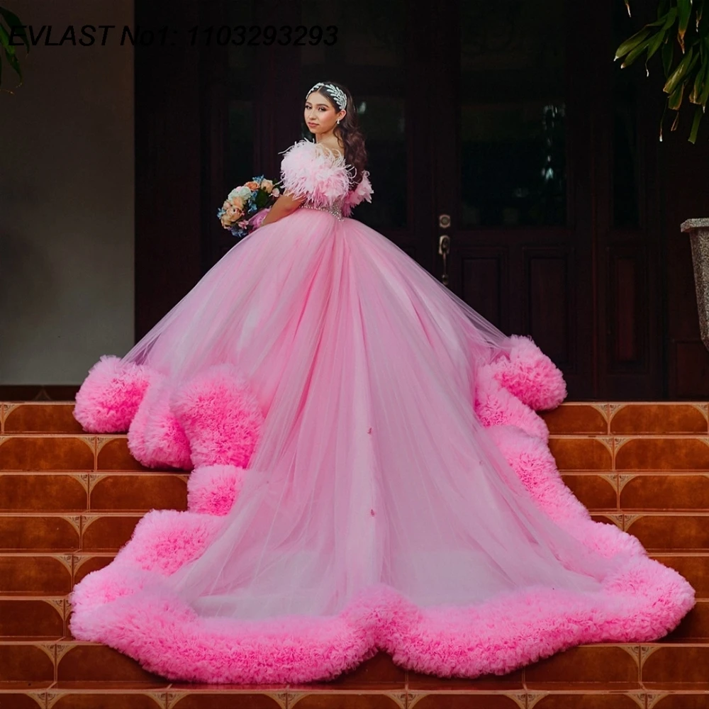 EVLAST Customized 2025 Pink Quinceanera Dress Ball Gown Applique Beaded Crystal Ruffles Train Sweet 16 Vestido De 15 Anos E1Q66