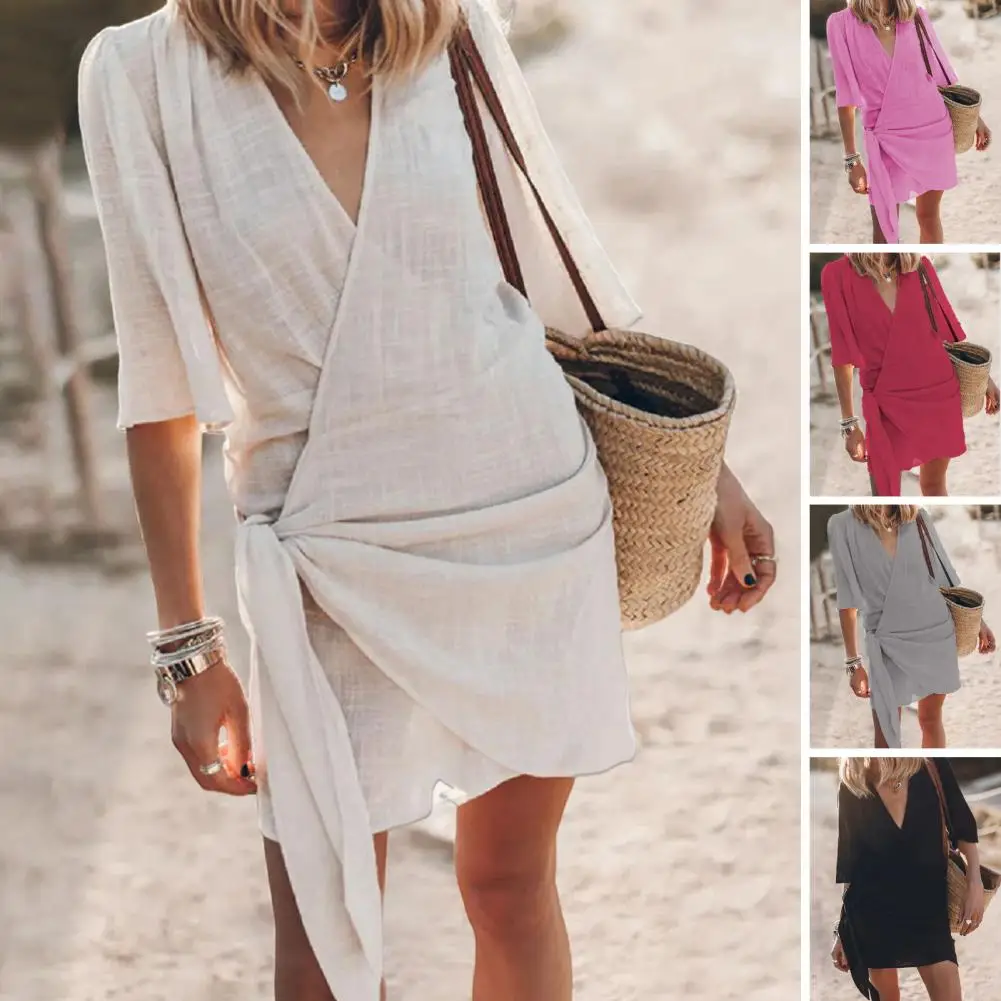 Lace-up Cross Wrap A-line Vacation Beach Mini Dress Bikini Cover-up Women Dress Summer Sexy V Neck Mini Dresses Beach Vacation