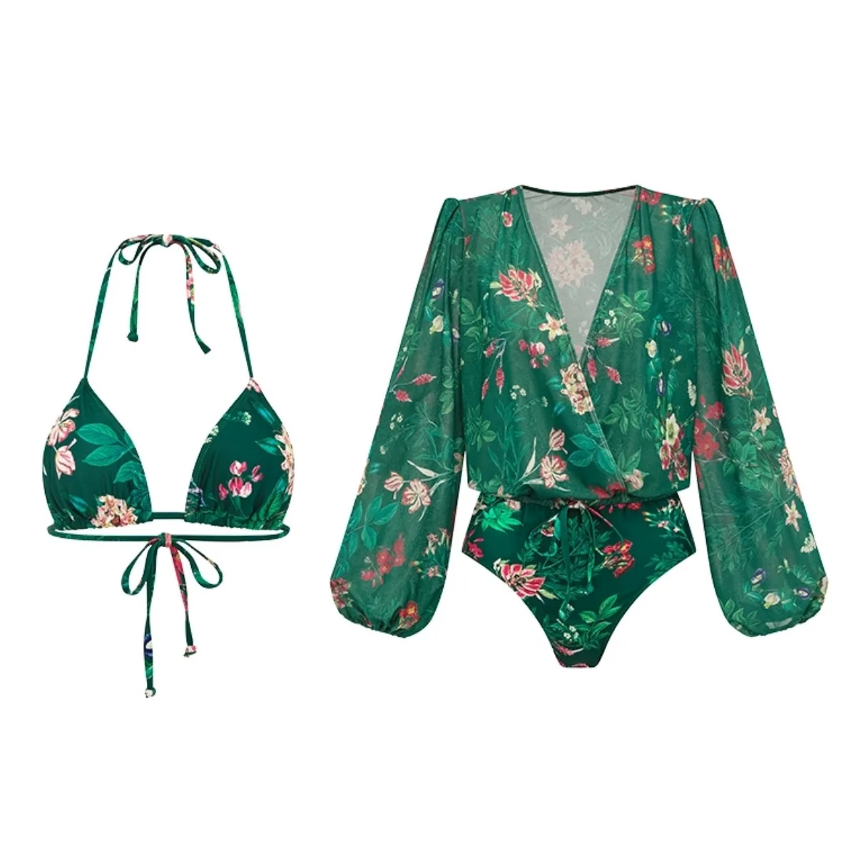 New Dark Green Swimsuit Swimwear Women‘s Tropical Floral Bikini Sets Loose Smock with Long Skirt Female Beachwear Shirt Cover Up