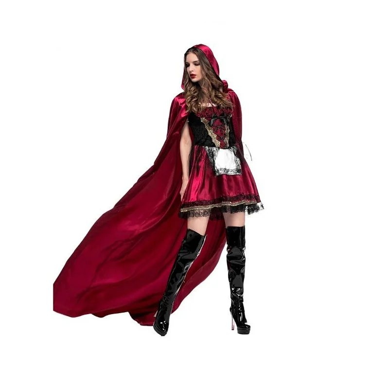 Little Red Riding Hood Halloween Costume Masquerade Carnival Fancy Outfit Cosplay Little Red Cap Dress with Cloak