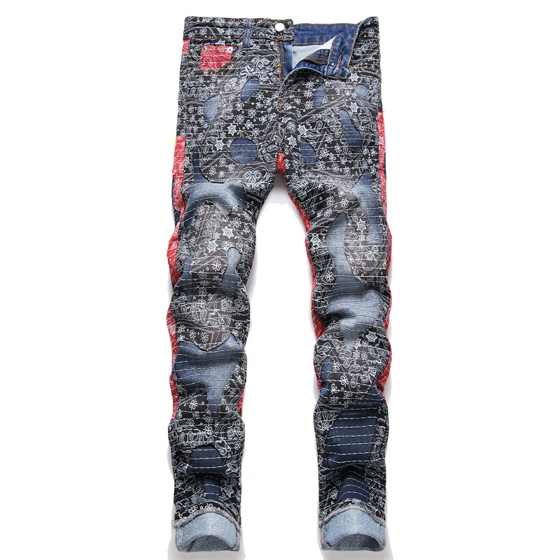 New 2024 Spring Patchwork Jeans Mid-Waist Fashion Printed Patch Men\'s Pencil Pants Streetwear