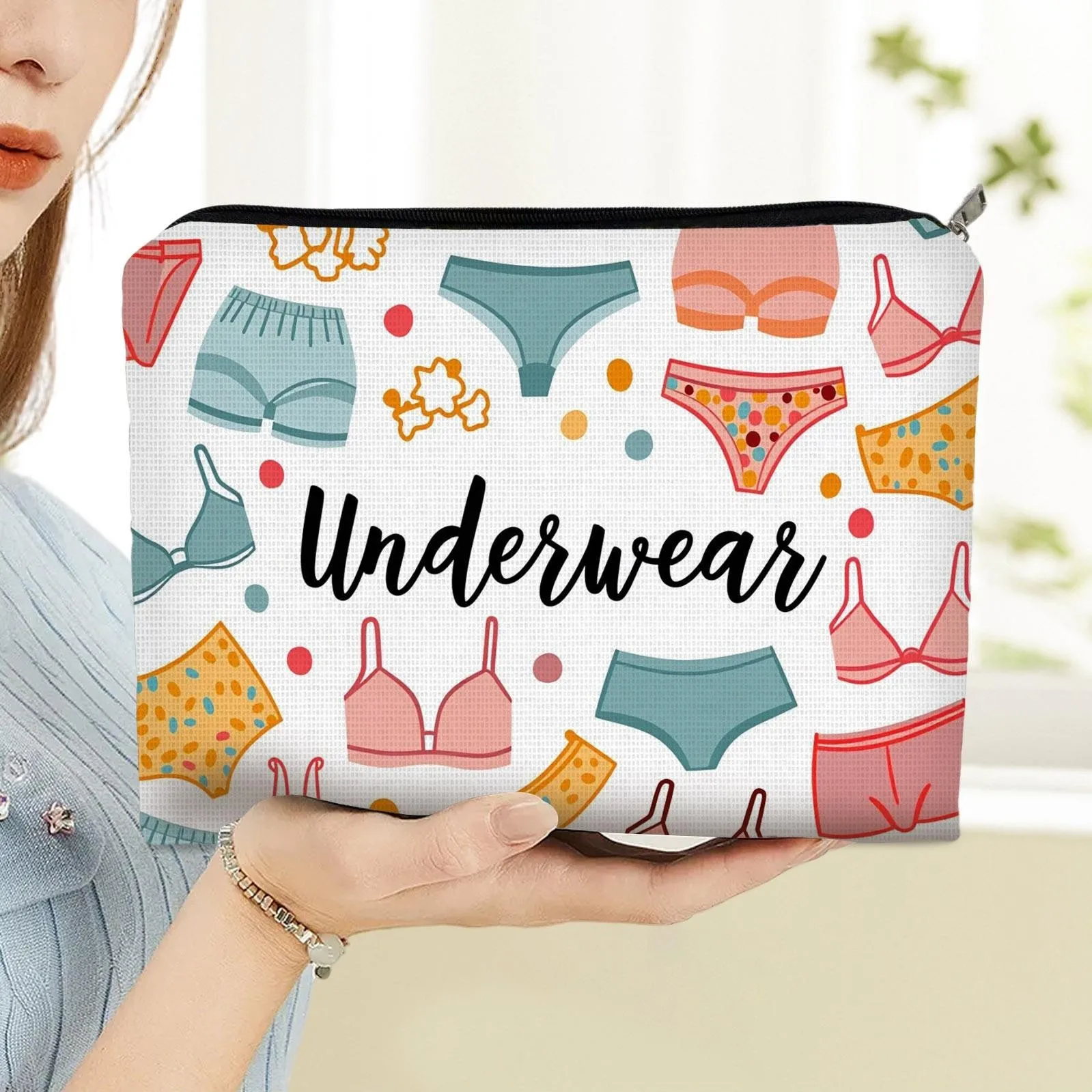 Underwear Print Canvas Storage Pouch, Portable Travel Lingerie Organizer Bag, Ladies Zipper Cosmetic & Intimates Storage Purse
