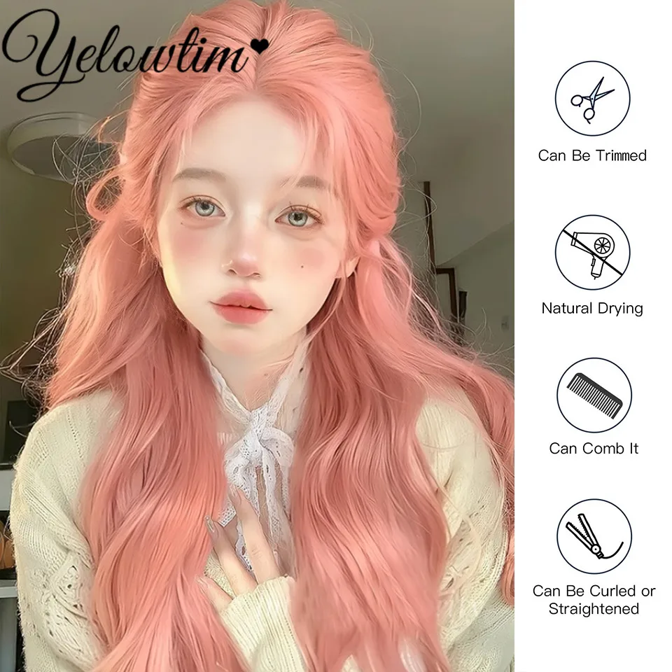 Synthetic Long Natural Wavy Pink Wigs Middle Part Wig Heat Resistant Popular Cosplay Lolita Party Daily Hair Wig for Women