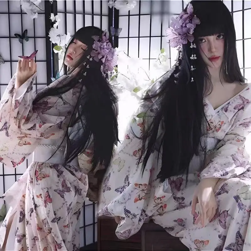 Cute Butterfly Printing Kimono Womens Traditional Japanese Style Dress Spring Summer Carnival Event Photography Long Robe Female