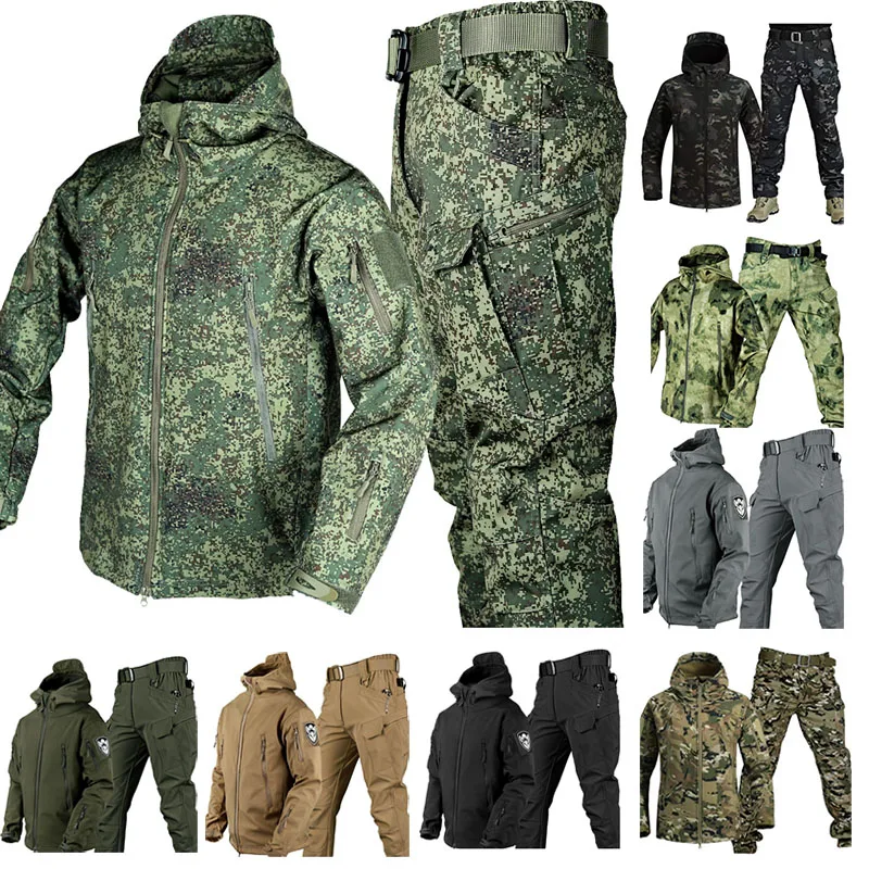 

Outdoor Jackets Set Men Shark Skin Soft Shell Tactical Windbreaker Camo Combat Jacket Pants Mens Hooded Coats Large Size