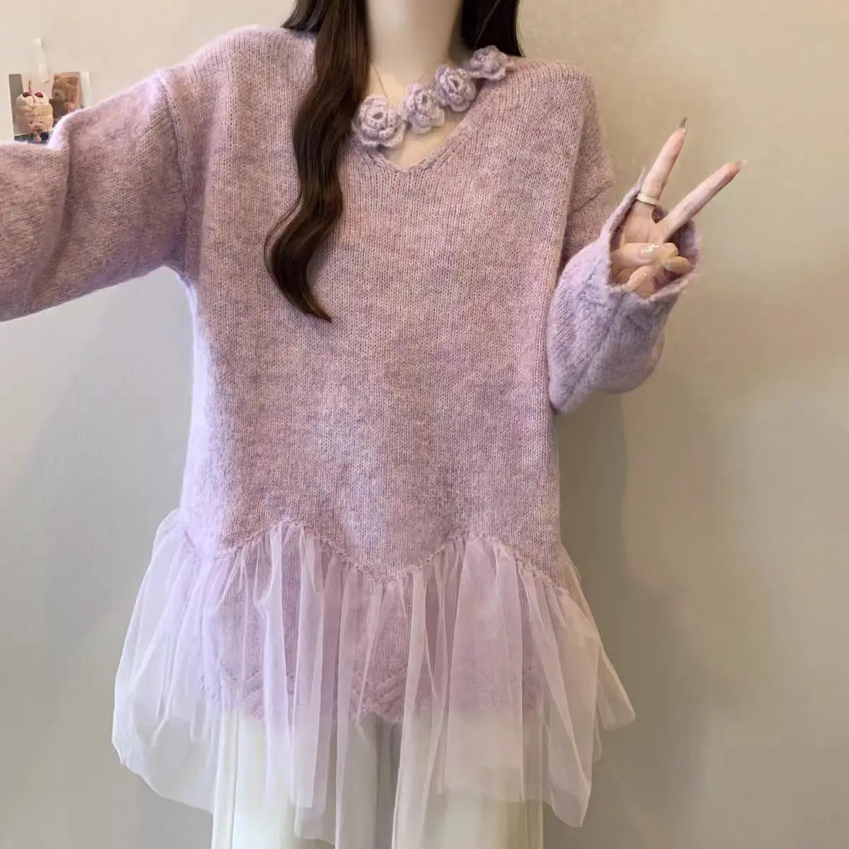 

Knee Length Pullovers Girls Sweaters Jumpers Women Knitted U-Neck Midi-Length Party Youth Bohemian Illusion Turtlenecks Lining