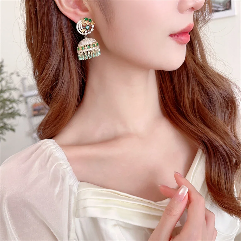 Boho Vintage Crystal Cubic Zircon Beaded Water Drop Earrings Women Bijoux Gold Plated Carved Lantern Tassel Indian Jewelry Gift