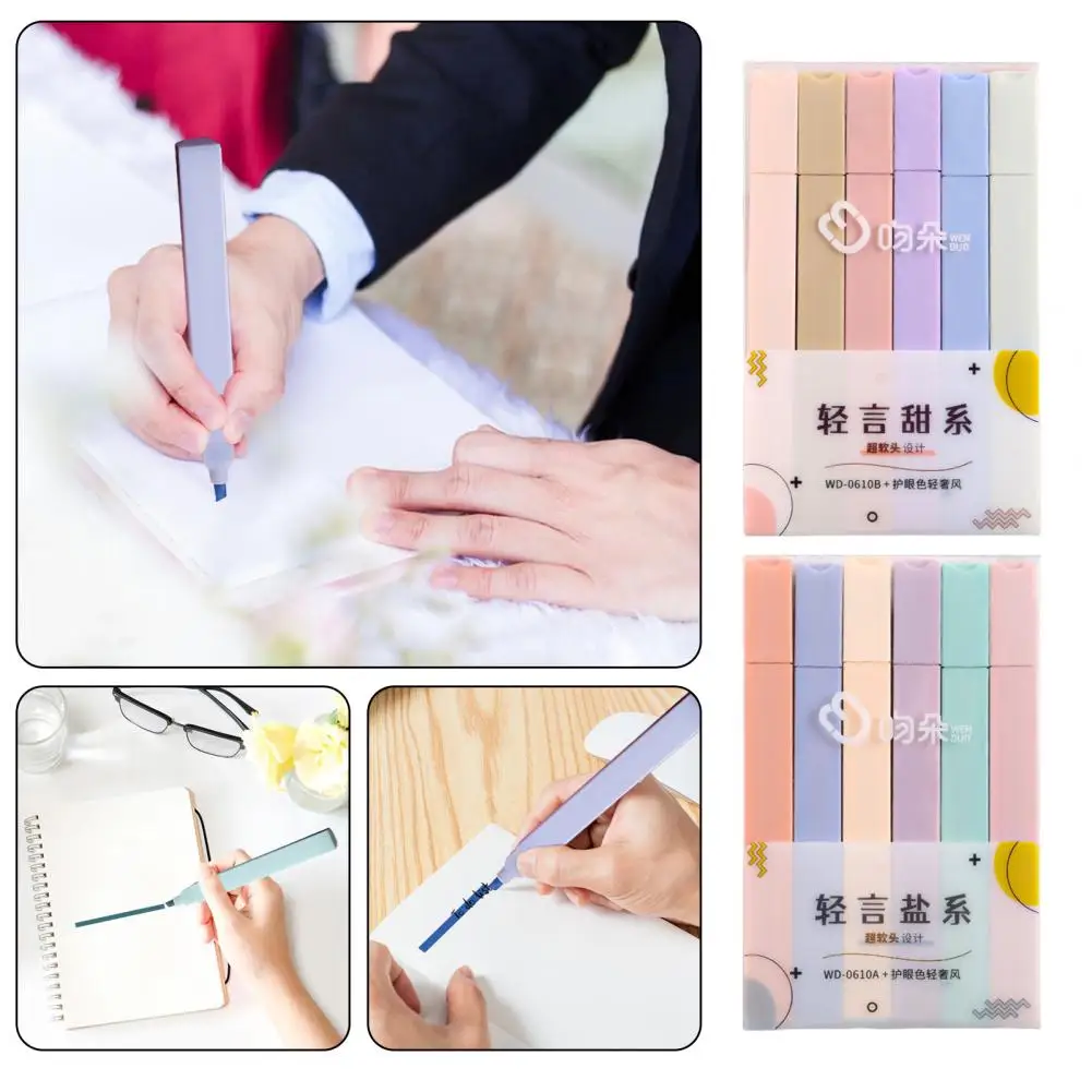 Smudge-proof Highlighter Color Highlighter Pastel Highlighters 6 Soft Nib Head Fluorescent Pens for Students Square Barrel