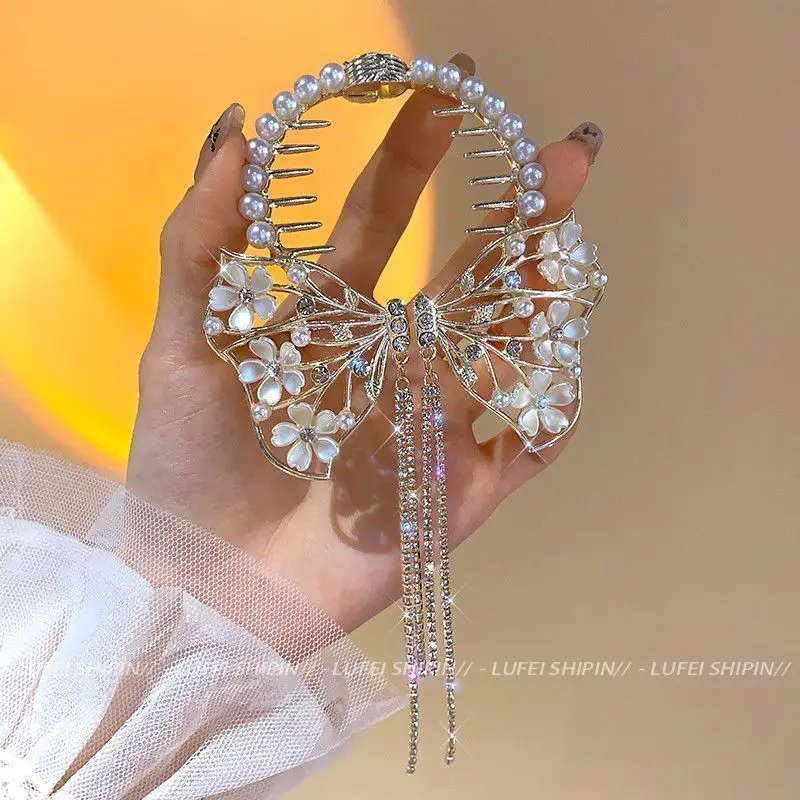 Girls Women Fashion Exquisite Hair Accessories Children‘s Pearl Rhinestone Tassel High Ponytail Casual Hair Clip New Headwear