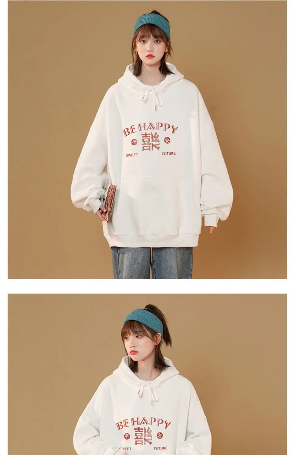 سترة بغطاء للرأس كبيرة الحجم للنساء بأكمام طويلة وحروف تجريدية ملابس شبابية بحاشية مضلعة تقلل ملابس قابلة للغسل Rockabilly