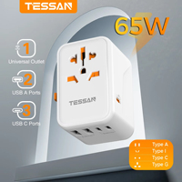 TESSAN 65W GaN Travel Adapter Universal Socket with 2 USB 3 Type C Fast Charging Internaitonal Power Adapter EU/UK/USA/AUS Plug