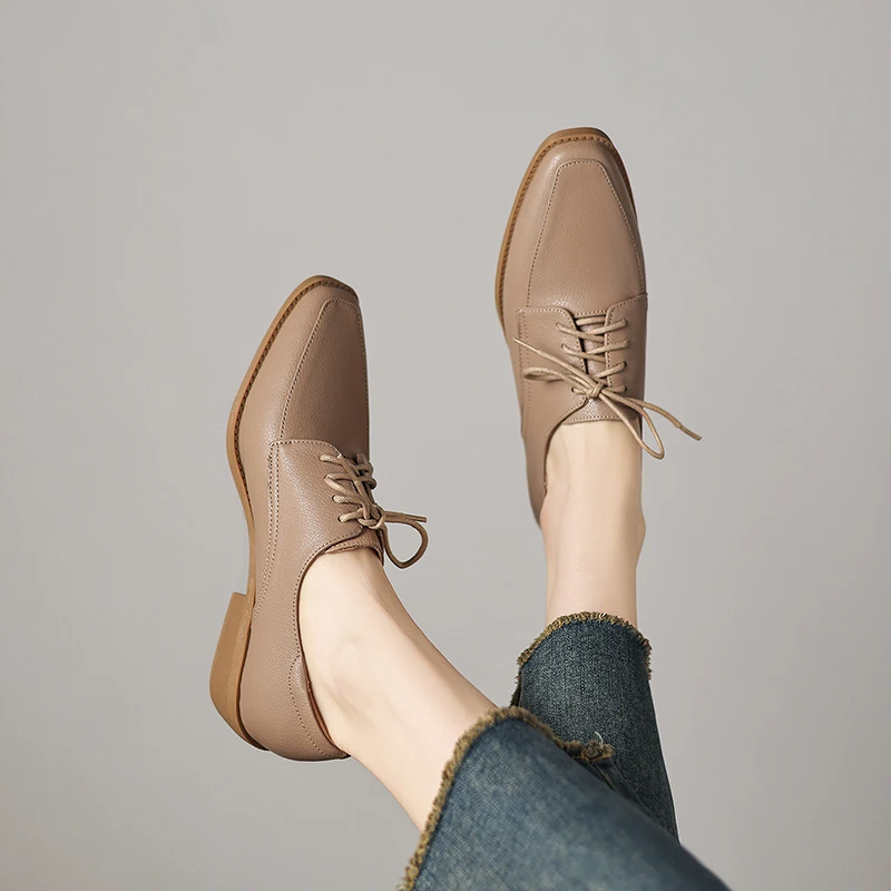 2026 new spring autumn women pumps natural leather plus size 22-26cm sheepskin+pigskin square toe lace-up loafers women shoes