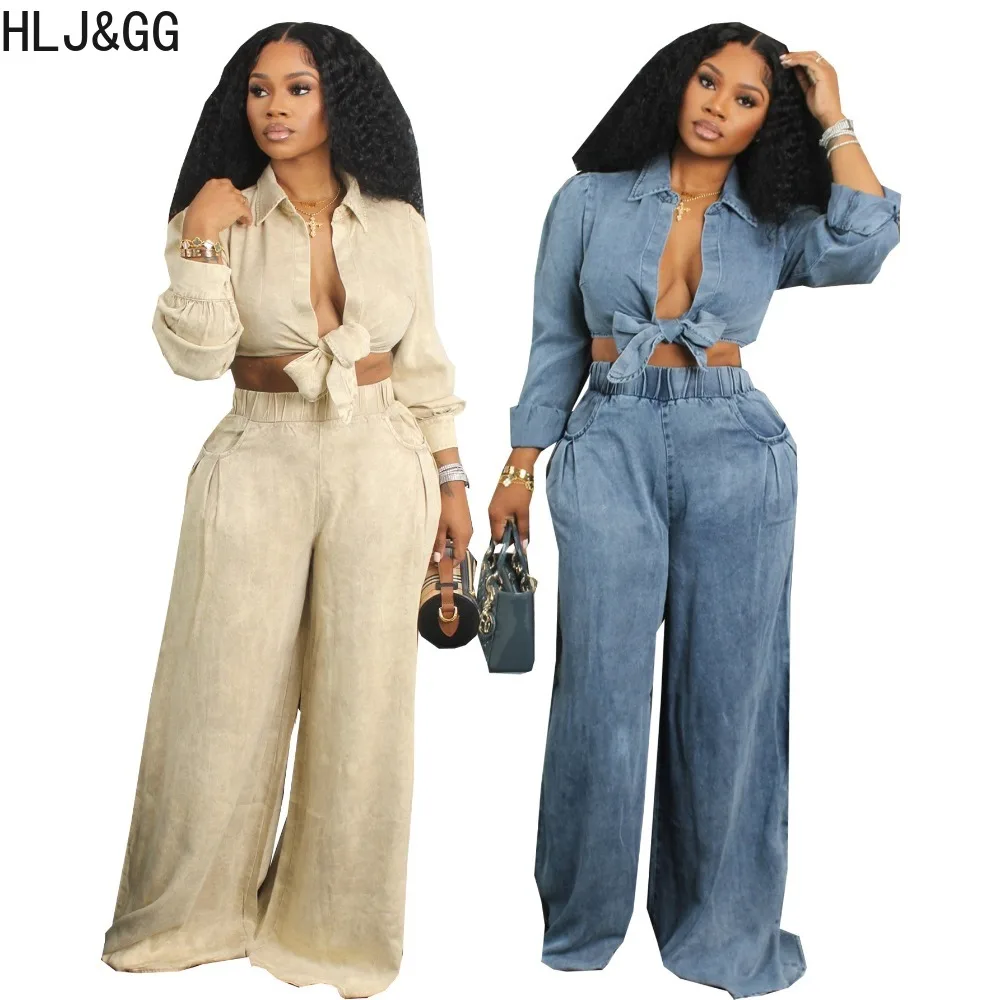 

HLJ&GG Autumn Office Lady Wide Leg Pants Two Piece Sets For Women Turndown Collar Long Sleeve Top And Pants Outfits NOT Denim