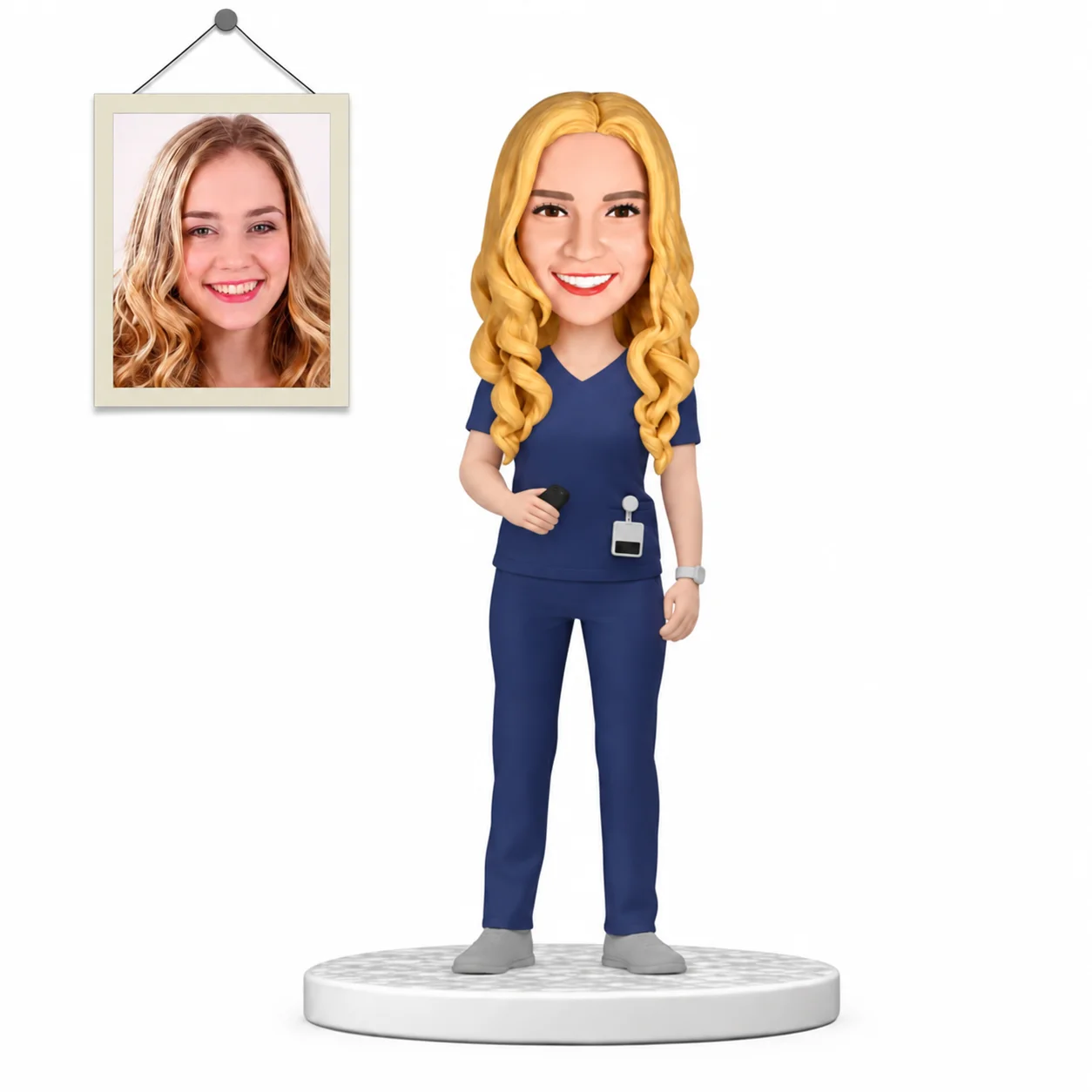 Custom Nurse Bobblehead in Navy Scrubs Personalized Medical Worker Figurine from Photo Nurse Gift