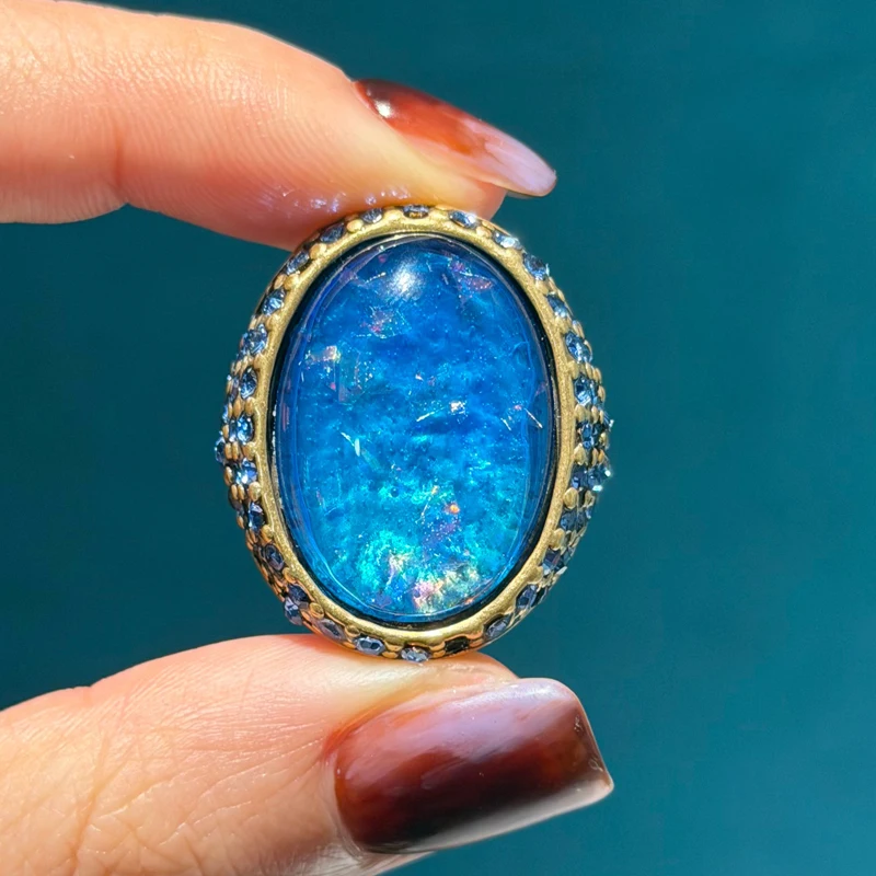

Vintage Oval Blue Opal Rings Jewelry Rhinestone For Women Luxury Brand Quality Designer Antique Silver Plated Trends 2026 Party
