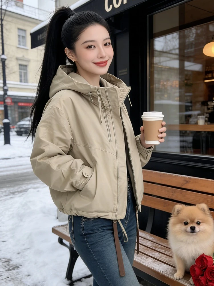 

Повседневная женская куртка свободного кроя на весну-осень с капюшоном, ветрозащитная, с двойной молнией, дышащая, с прямым подолом, в стиле рабочей одежды