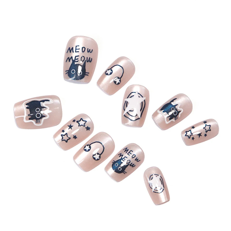 Uñas postizas de dibujos animados dibujadas a mano, orejeras de letras de gato de armadura, estrellas, ojos de gato, arte de uñas lindo decorado, negro