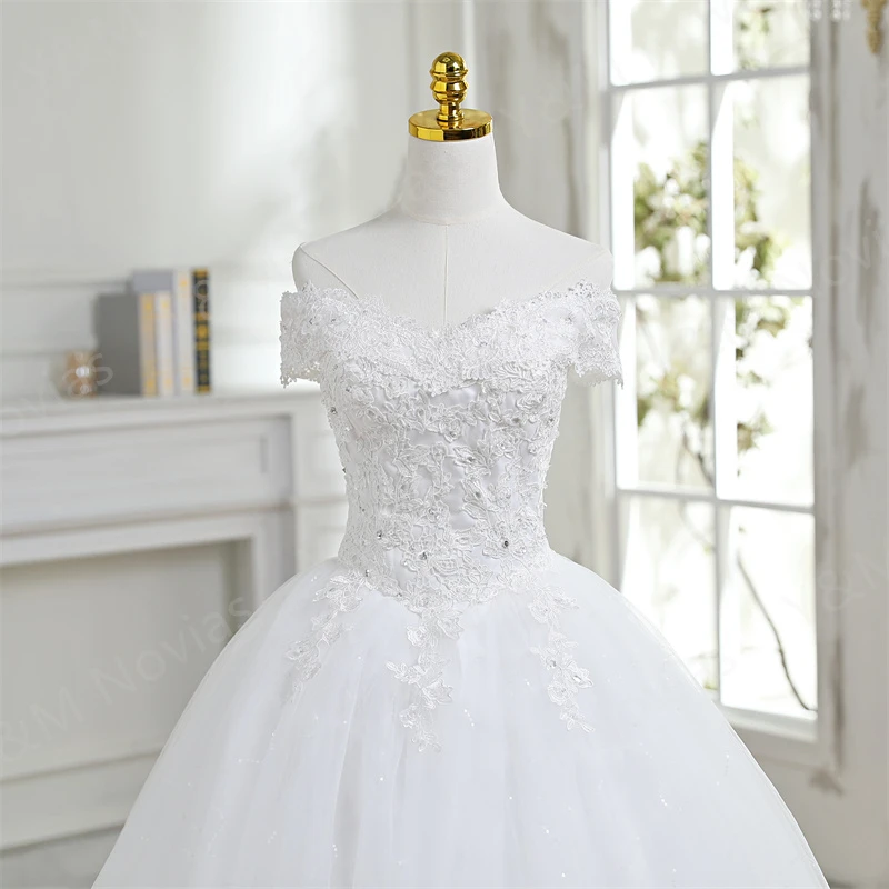 Y&m Novias New Fashion Lace Applique Off Shoulder Ivory Wedding Dress Plus Size Sleeveless Bridal Wedding Gown Princess