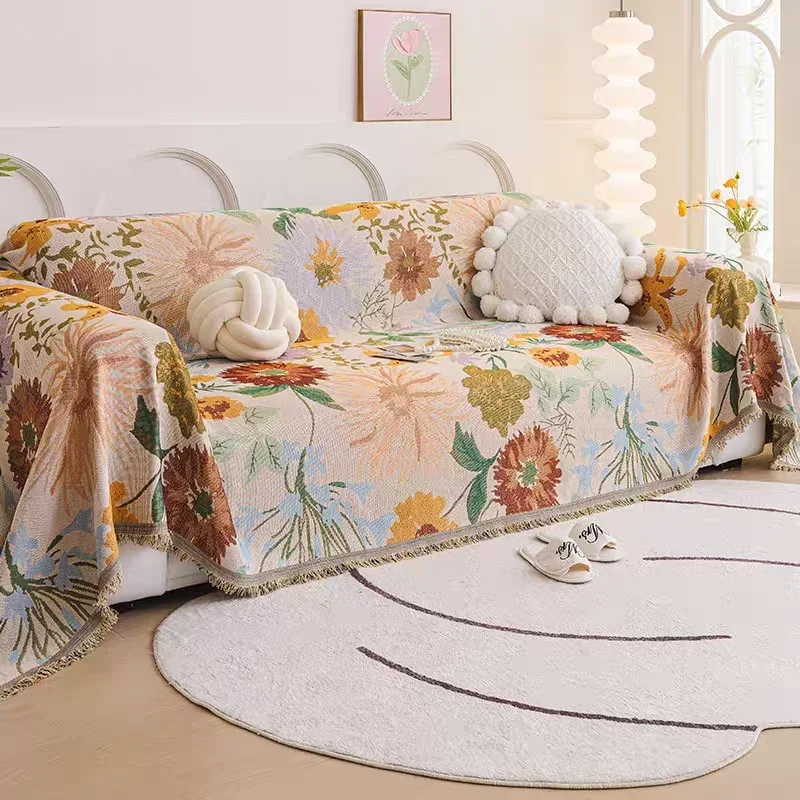 1PC Chenille All-inclusive Sofa Blanket Floral Sofa Throw Blankets with Tassel Anti-cat Scratches Dogs Sofa Slipcover Home Decor