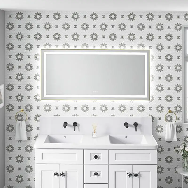 

60" x 28" LED Wall-Mounted Bathroom Mirror with Front & Backlight, Aluminum Frame, Anti-Fog, Memory, 3 Colors, Stepless Dimming