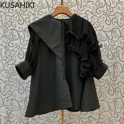 KUSAHIKI Korean Folds Ruffle Patchwork Blouse Tops Causal Short Sleeve Turn-down Collar Blusas Shirt 2023 New  Mujer 6J041