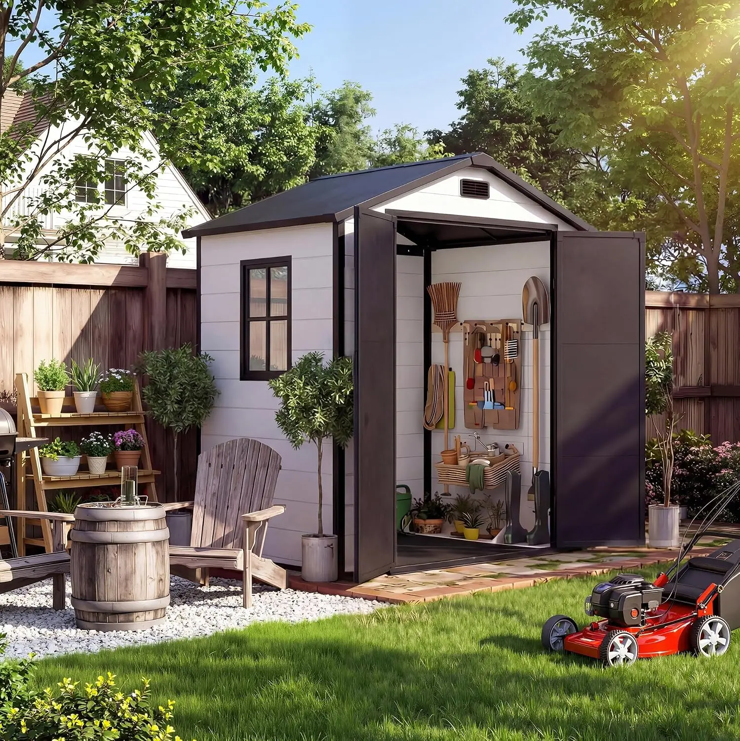 6x4Ft Plastic Outdoor Storage Shed with Floor & Window, White+Black, Customized