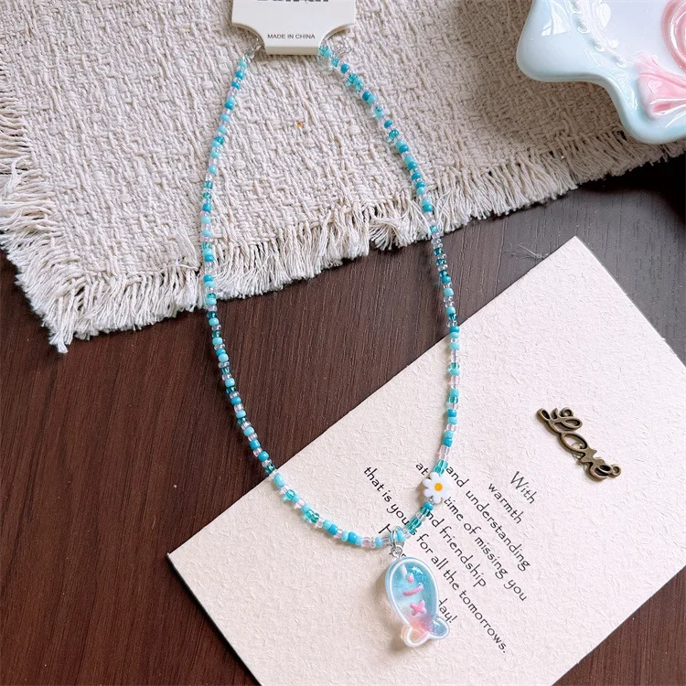 Sweet Girls Colorful Resin Beaded Flower Bow Choker Cartoon Pendant Collarbone Necklace Lightweight Delicate Kids Jewelry