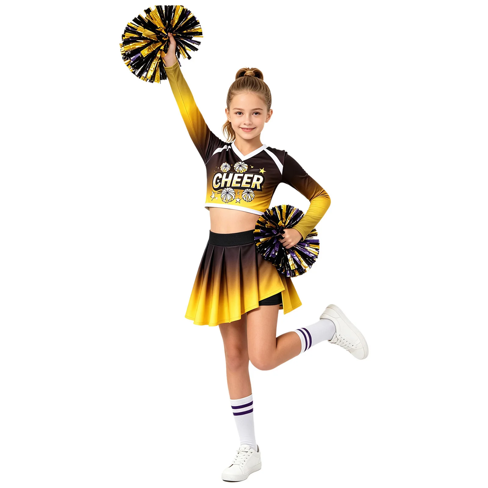 Cheerleader-Kostüm für Mädchen mit Farbverlauf, CHEER-Buchstabendruck, langärmeliges Crop-Top mit V-Ausschnitt, asymmetrischer Rock, Kinder-Cheerleading-Uniform – Detail 18