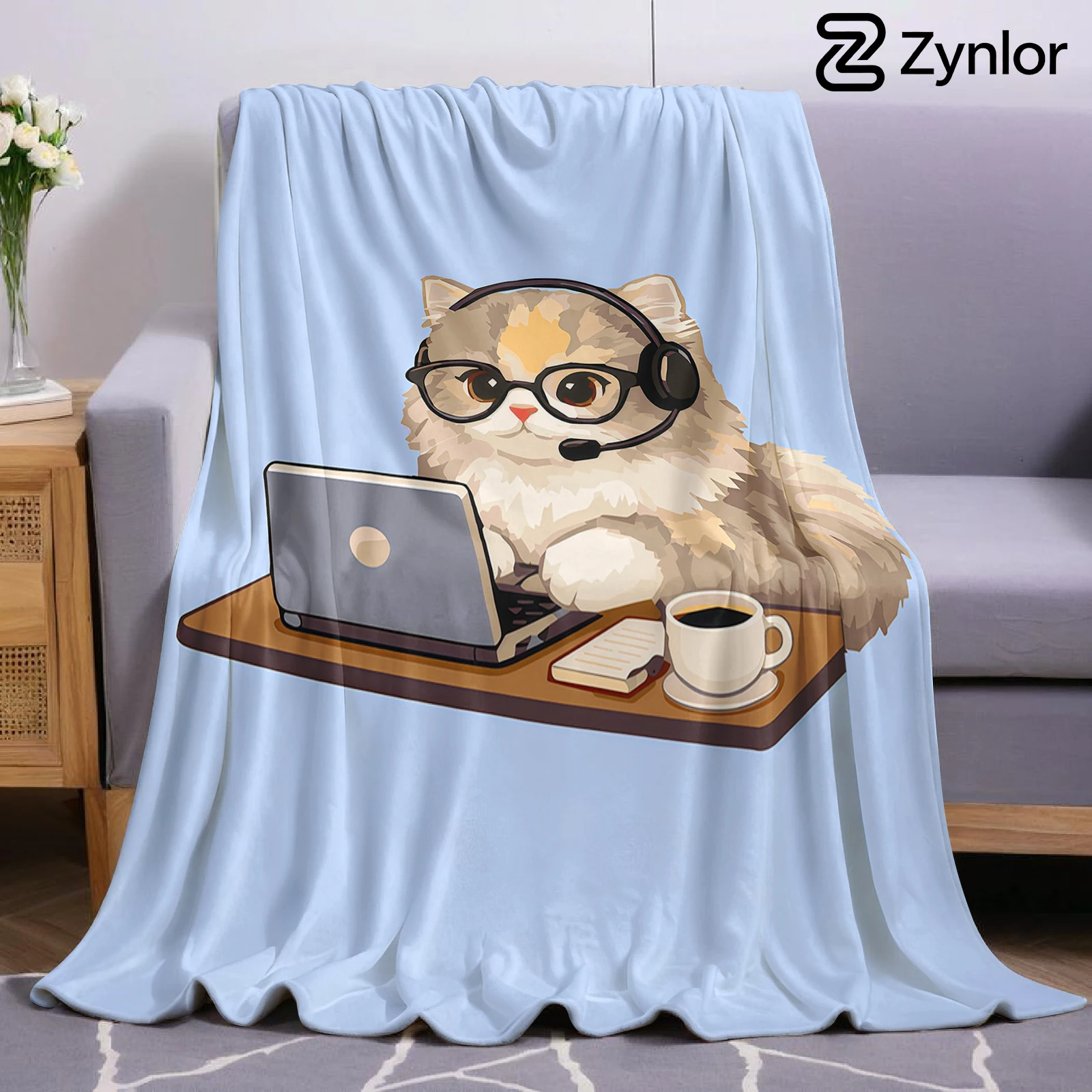 Office Headset Kitten Cartoon Anime Print Flannel Blanket Soft Warm Throw for Kids Bedroom Sofa Bed Christmas Office Car