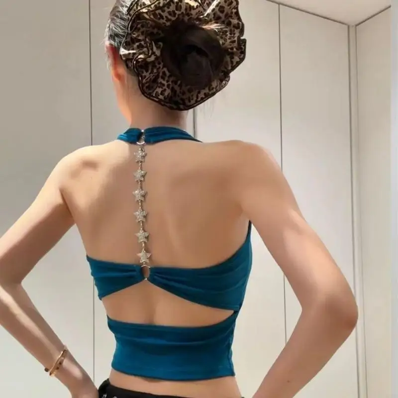 

Padded Crop Tops for Women Rhinestones Chain Hollow Back Halter Tops Sleeveless Shirts Summer Going Out Camisole