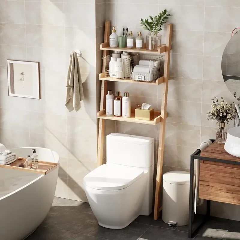 3-Tier Over-the-Toilet Solid Wood Modern Hotel Bathroom Storage Shelf Space-Saving Freestanding Organizer Rack Bathroom